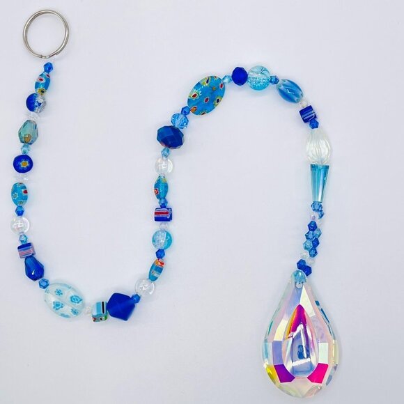 Beaded Suncatcher - Blue - Clear Crystal Prism - Indoor Outdoor Hanging Decor - Picture 5 of 14